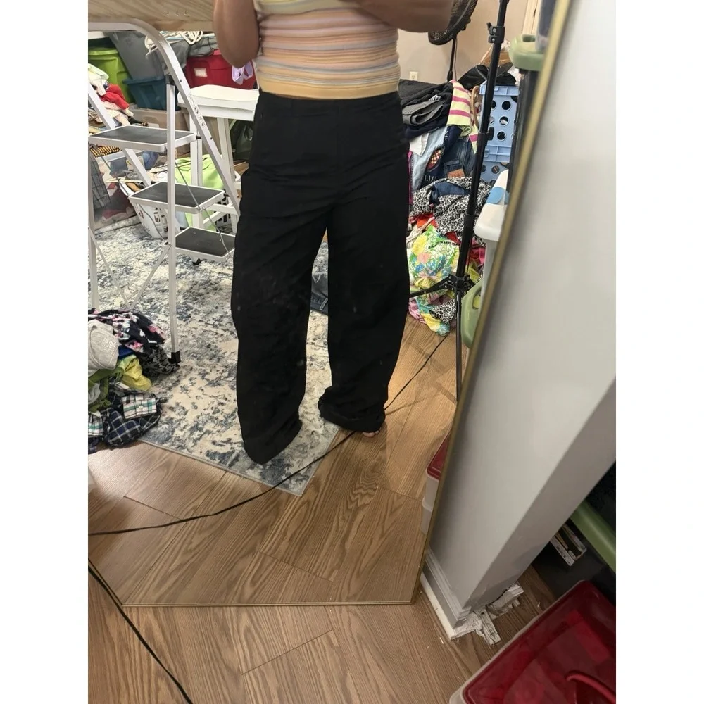 Zara Black Zip‎ Waist Women Wide Leg Nylon Pants Size Small Cool Style Athletic